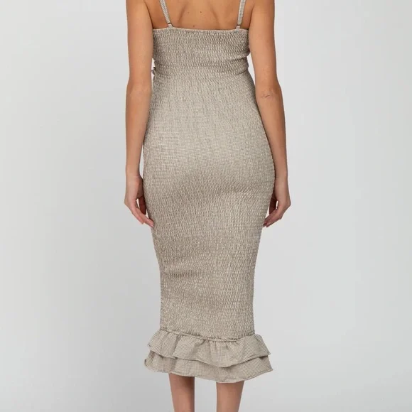 Pinkblush Mocha Gingham Print Smocked Fitted Self-Tie Maternity Midi Dress Small - Picture 4 of 13